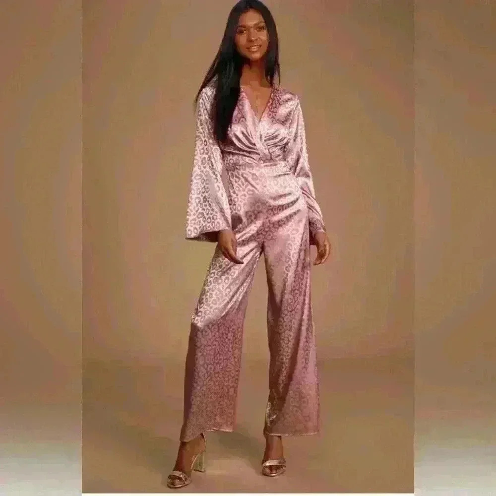 Lulu’s Untamed Dame Dusty Lavender Leopard Print Satin Jumpsuit Long Sleeves